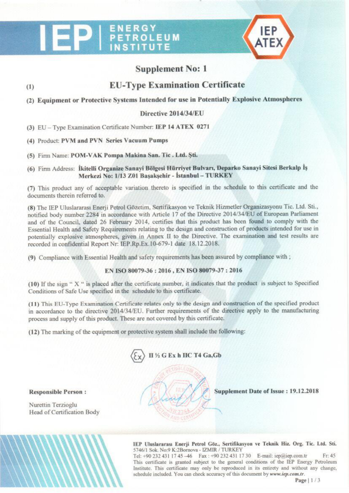 ATEX Sertifikası Sayfa 1
